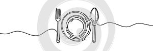 One continuous line plate, khife and fork. Vector illustration