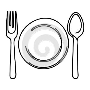 One continuous line plate, khife and fork. Vector illustration