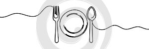 One continuous line plate, khife and fork. Vector illustration