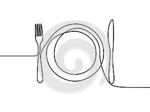One continuous line plate, khife and fork. Vector