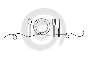 One continuous line of plate, knife, spoon and fork. Vector illustration. EPS 10.