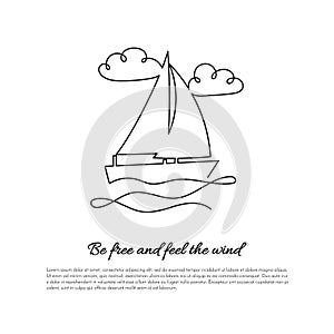 One continuous line sailing boat on waves with sign