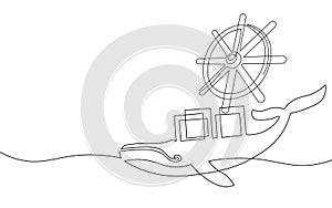 One continuous line wheel helm computer developer app concept. Business digital open source program. Data coding