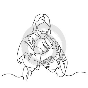 One continuous one drawn line art doodle of a spiritual Jesus Christ with the lamb .Isolated image of a hand-drawn outline on a