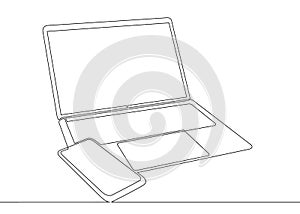 One continuous single drawn line art doodle computer mobile device laptop