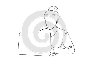 One continuous single drawn line art doodle girl laptop