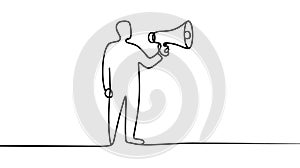 One continuous single drawn line art doodle megaphone, man, people, announcement, business,refer, friend.