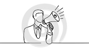 One continuous single drawn line art doodle megaphone, man, people, announcement, business,refer, friend.