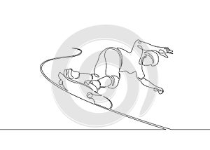 One continuous single drawn line, the guy skater, the character skates on a skateboard