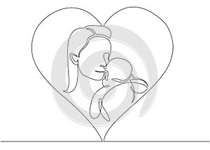 One continuous single drawn line Logo with mother holding her baby with heart shape