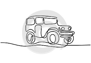 One continuous single hand drawn line of jeep wrangler car. Adventure off road rally vehicle transportation concept. A classical