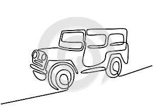 One continuous single hand drawn line of jeep wrangler car. Adventure off road rally vehicle transportation concept. A classical