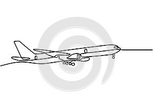 One continuous single line drawing of isolated vector object - passenger airplane with minimalist design isolated in white