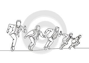 One continuous single line drawing of male managers wearing suit doing sprint race at the running track to reach finish line