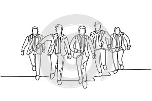 One continuous single line drawing of male managers wearing suit doing sprint race at the running track to reach finish line.