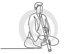 One continuous single line drawing of a man with Shakuhachi flute, traditional music of Japanese. A sitting man wearing Kimono is