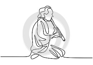 One continuous single line drawing of a man with Shakuhachi flute, traditional music of Japanese. A sitting man wearing Kimono is