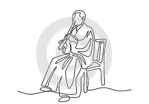 One continuous single line drawing of a man with Shakuhachi flute, traditional music of Japanese. A sitting man wearing Kimono is