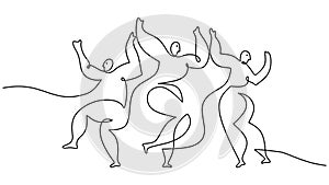 One continuous single line drawing of three dancing people picasso style