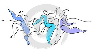 One continuous single line drawing of three man dancing people picasso