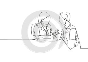 One continuous single line drawing of young female doctor check the patient`s blood pressure and pulse rate at hospital