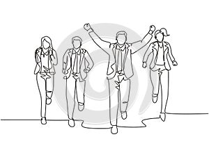 One continuous single line drawing of young happy male manager rise fist to the air after winning cross the finish line beating