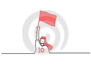 One continuous single line of football supporter bring flag isolated on white background