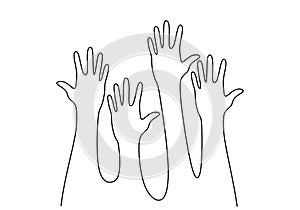 One continuous single line of four hands up isolated on white background