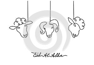 One continuous single line hand drawing of eid al adha background with three goat sheep heads isolated on white background