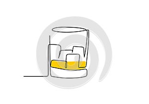 One continuous single line of hand drawn Whiskey glass with ice cubes in it isolated on white background