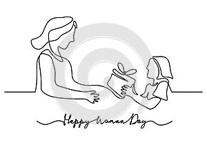 One continuous single line of happy woman day with daughter give gift to mother isolated on white background