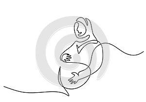 One continuous single line of pregnant hijab girl woman isolated on white background