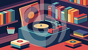 In one corner stands a record player surrounded by shelves of vinyl records organized in haphazard stacks. Vector photo