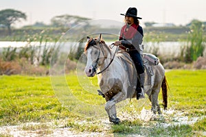 One cowboy with hat control horse to walk through grass field cover by water near river and show some splash during walking