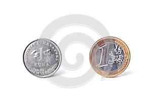 One Croatian Kuna coin and one Euro coin detailed studio shot photo