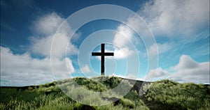 One cross on the hill with clouds moving on blue sky