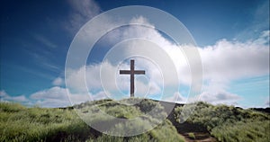 One cross on the hill with clouds moving on blue starry sky