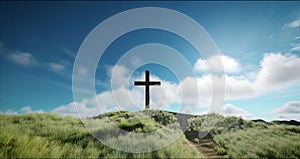 One cross on the hill with clouds moving on blue starry sky