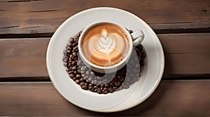 one cup of cappuchino coffee and coffee beans on plate on wooden table,top view. photo