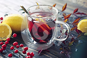 One cup of hot berry and mint tea in autumn leaves decoration, winter autumn mood, citrus red tea