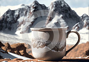 One cup with hot drink on a wooden table, over the snowy mountain landscape. Illustration, Generative AI