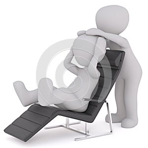 One 3D illustrated figure reclines in long chair