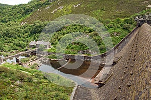 One of the dams in the summertime of the Elan valley of Wales.