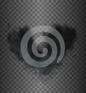 One dark smoke cloud in a shape of black heart isolated on dark semi transparent background. Evil heart vector