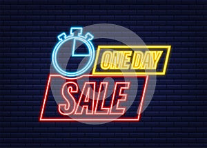 One day Sale banner badge. Neon icon. Sale, price tag. Store label. Special offer badge. Vector stock illustration.