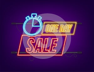 One day Sale banner badge. Neon icon. Sale, price tag. Store label. Special offer badge. Vector stock illustration