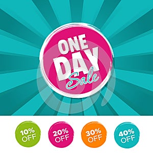 One day sale color banner and 10%, 20%, 30% & 40% Off Marks. Vector illustration.