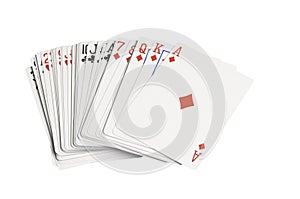 One deck of playing cards spread out ready for use