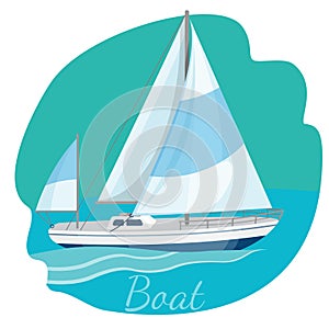 One-decked boat with sails vector illustration isolated on blue