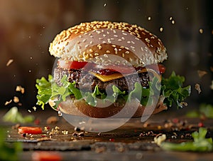 one delicious hamburger, floating in the air, cinematic, professional food photography, studio light, studio background